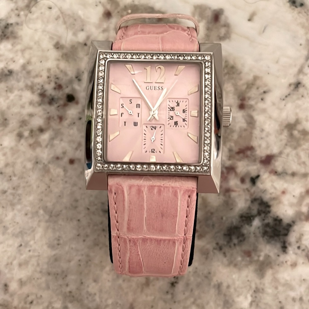 Guess watch with pink face and pink leather band, Swarovski crystal bezel -EUC